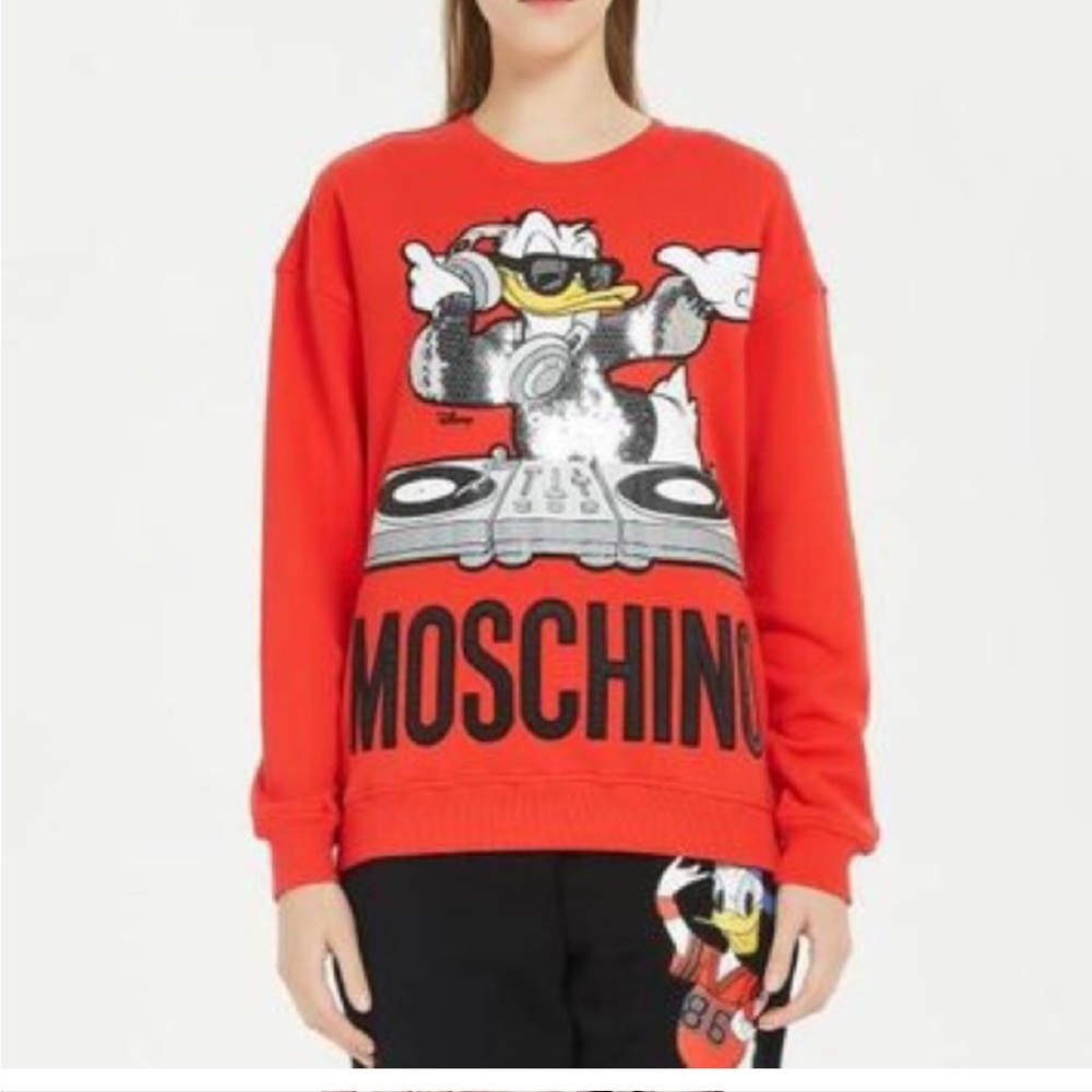 H&M x  Moschino Collab Disney Sweatshirt Red Donald Duck Size XS Unisex Sequin